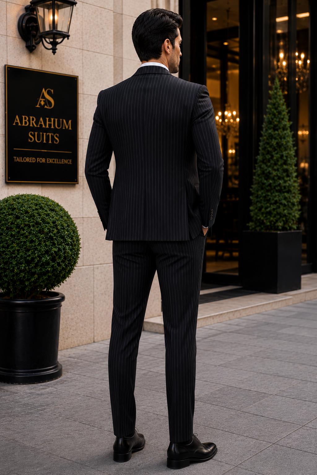 Black Pinstripe Mens 3 Piece Suit Wedding Groom Suit Custom Tailored Slim Fit Business Formal Tuxedo