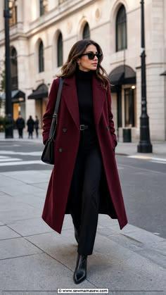 Classic Wine Women Long Trench Coat Tweed wool winter wear, partywear, office wear