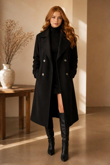 Classic Black Women Trench Coat Tweed wool winter wear, partywear, office wear