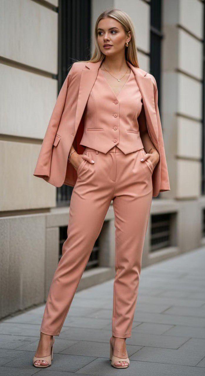 Classic Slim Fit Blush Rose 3pc Suit For Women Partywear, Formal & Business wear.