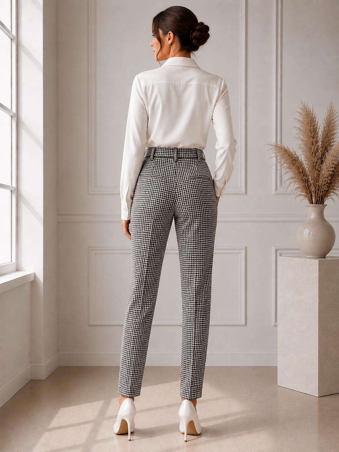Houndstooth Women Tailored Trousers, High Waist Minimalist Office Wear, partywear