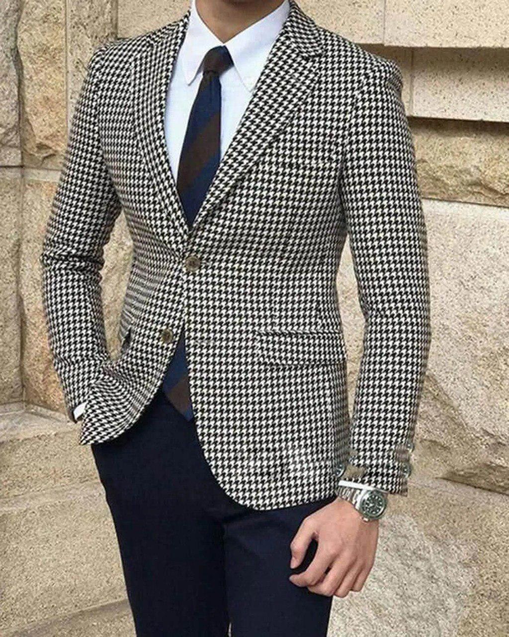 Classic Houndstooth Slim Fit Two Piece Suit For Men Partywear, Wedding, Grooms & Groomsman