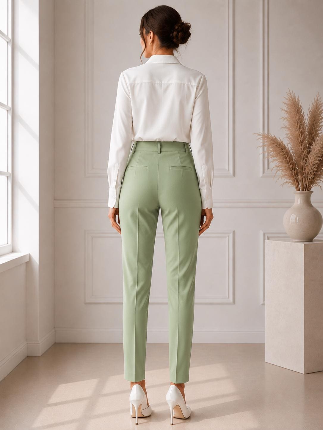 Sage Green Women Tailored Trousers, High Waist Minimalist Office Wear, partywear