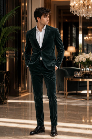 Men's Dark Green Velvet Suit Luxury 2 Piece Wedding Suit Tailored Blazer Pants Custom Made Groom Formal Outfit