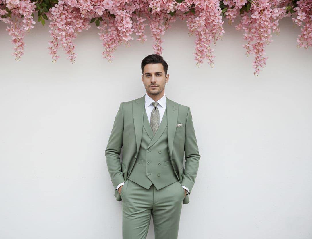Sage Green Rayon 3pc Suit For Men Wedding, Prom, Grooms & Groomsman