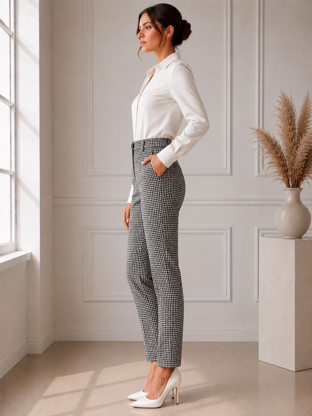 Houndstooth Women Tailored Trousers, High Waist Minimalist Office Wear, partywear