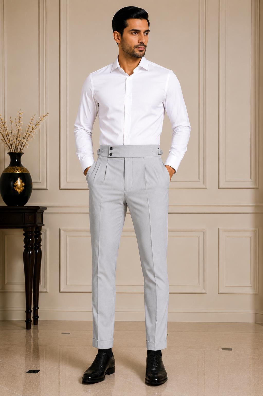 Light Grey Gorkha Trousers – Men's High Waist Custom Tailored Formal Pants