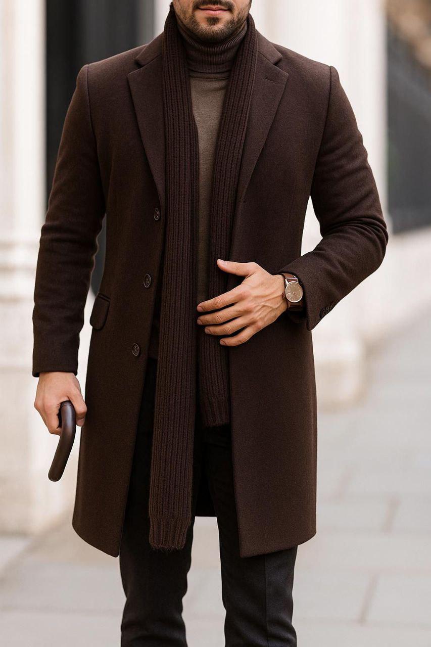 Brown Tweed Trench Long Coat For Men Wedding, Partywear, Grooms & Groomsman