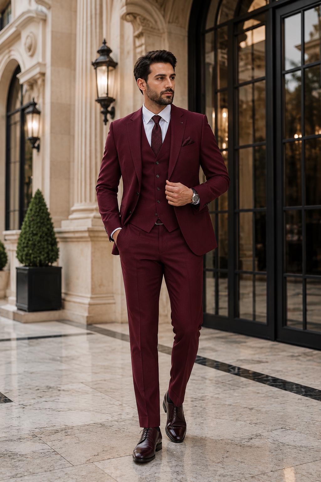 Burgundy Men's 3 Piece Suit Custom Tailored Wedding Suit Slim Fit Formal Suit Groom Tuxedo Blazer Vest Pants Prom Suit