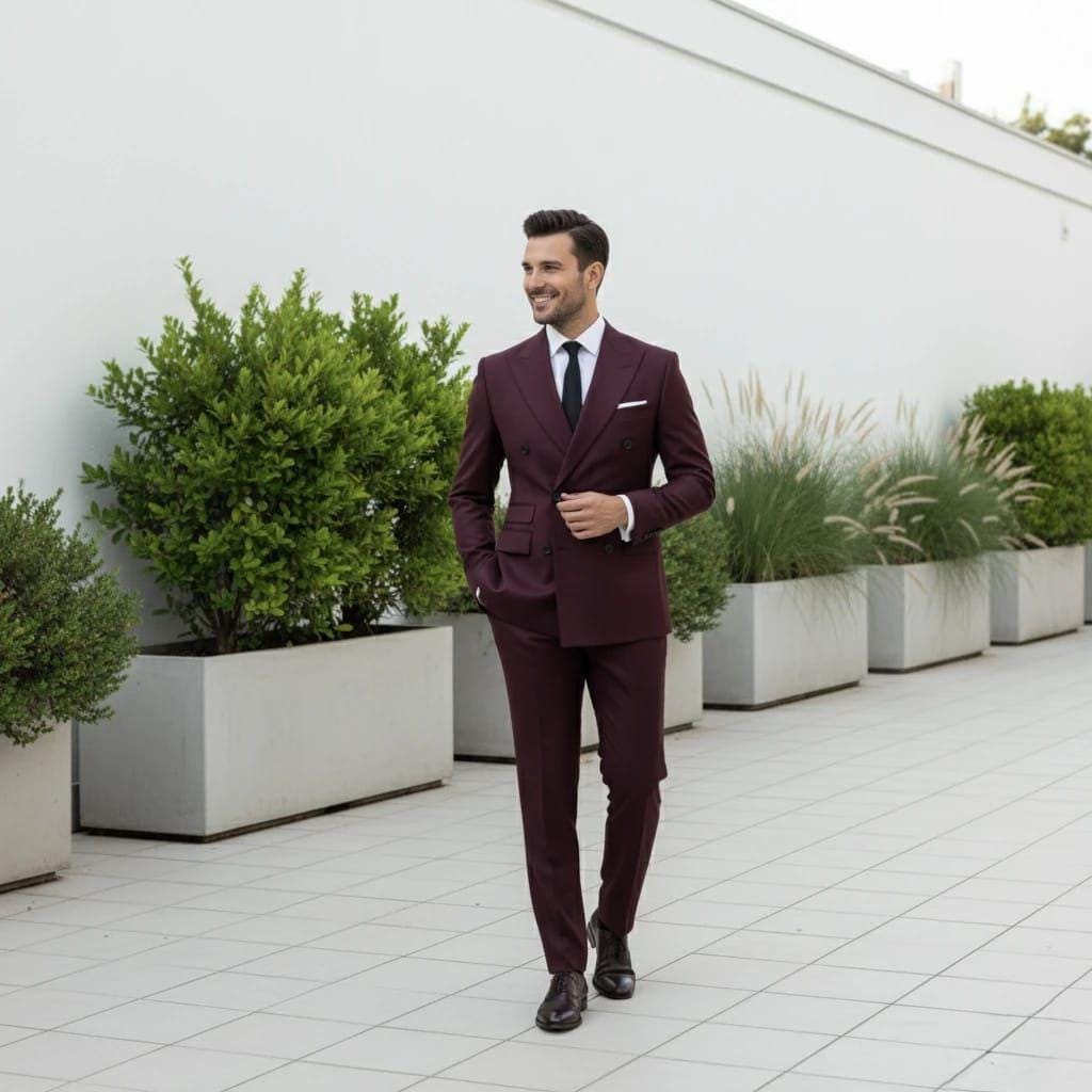 Classic Slim Fit Burgundy Two Piece Double-Breasted Suit For Men Partywear & Grooms