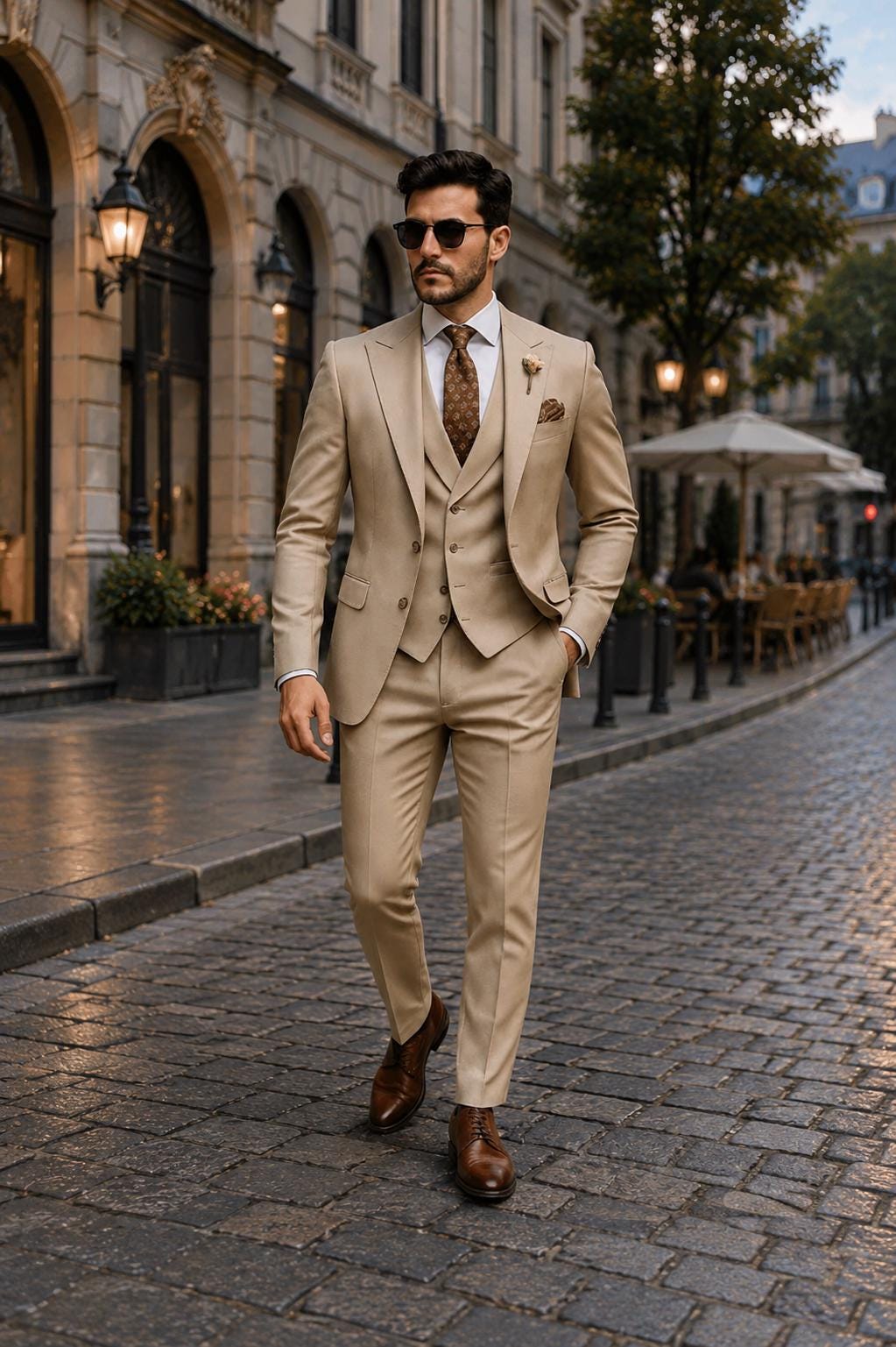 Beige Men's 3-Piece Luxury Wedding Suit, Custom Tailored Blazer, Waistcoat, Pants Formal Gentleman Outfit