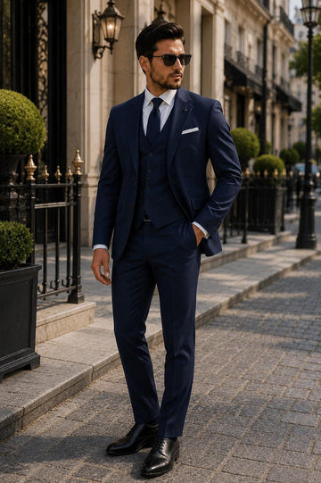 Navy Blue Men's 3-Piece Suit: Custom Tailored Wedding Formal Blazer, Waistcoat, Pants