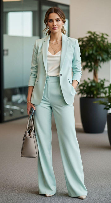 Sea Green Two-Piece Suit: Contrast Lapel Blazer, Straight-Leg Trousers