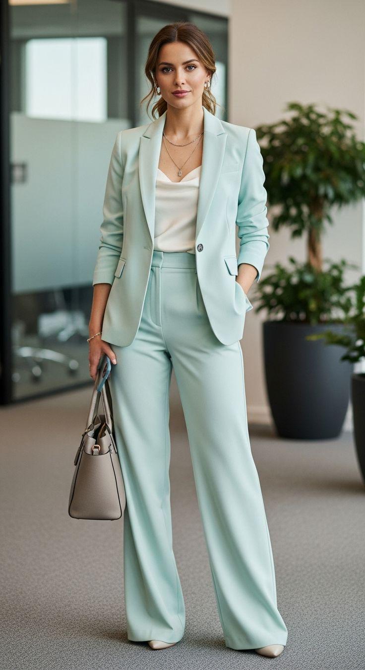 Sea Green Two-Piece Suit: Contrast Lapel Blazer, Straight-Leg Trousers