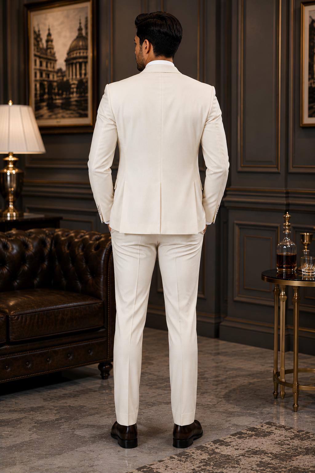 Off White Men's 3-Piece Luxury Wedding Suit, Custom Tailored Formal Outfit Blazer Waistcoat Pants