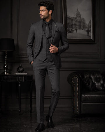 Dark Grey 3-Piece Tailored Suit, Wedding Groom Formal Business Attire