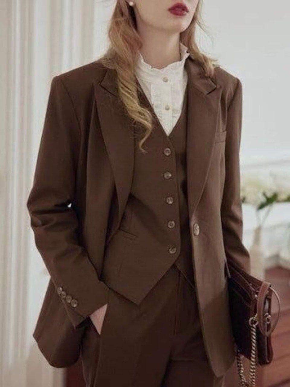 Classic Slim Fit Brown 3pc Suit For Women Partywear, Formal & Business wear.
