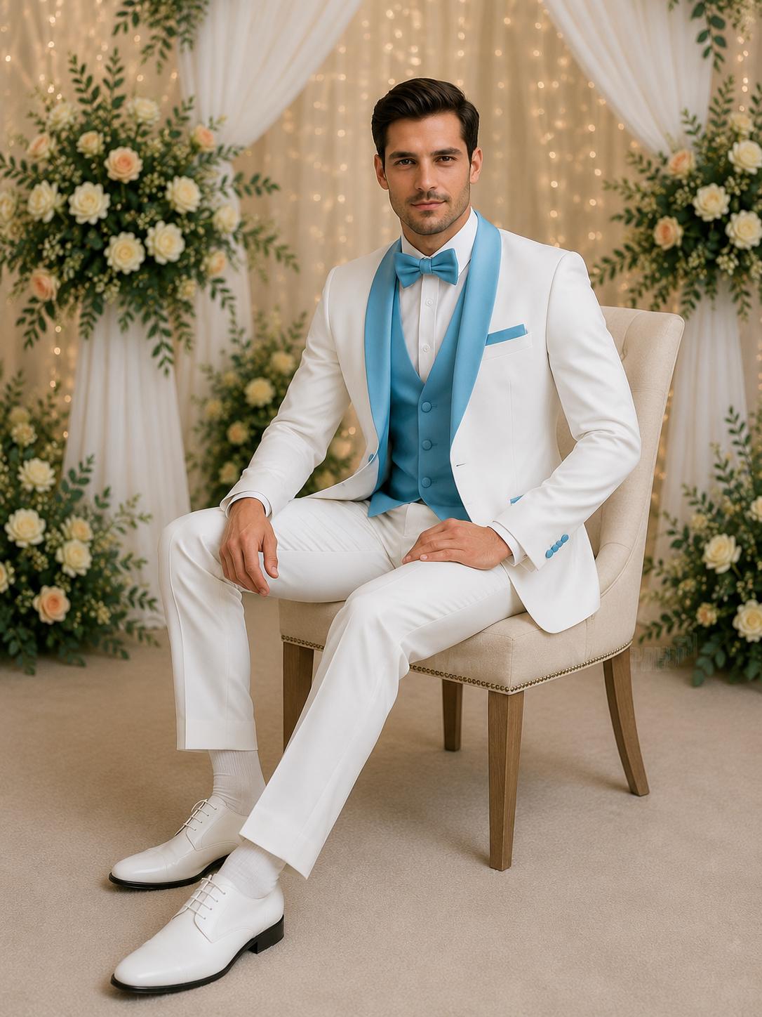 Men's Off-White 3-Piece Suit, Aqua Blue waist, Wedding Party Wear