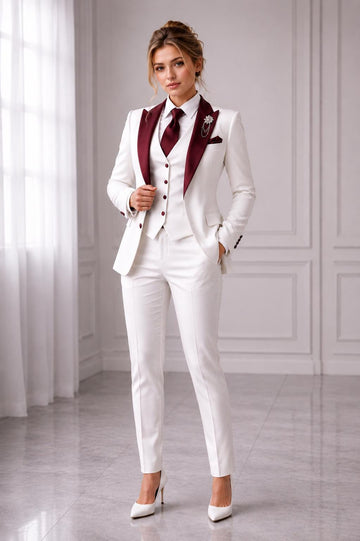 White With Burgundy Lapel 3-Piece Suit: Custom Tailored Blazer Vest and Pants
