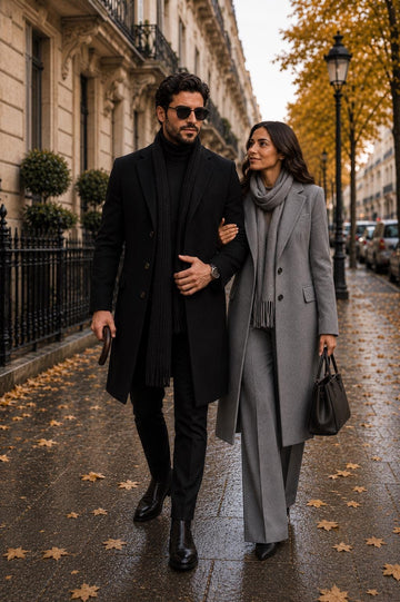 Couple's Long Wool-Blend Coat Set: Elegant Winter Outerwear for Him & Her