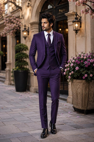 Men's Purple 3 Piece Suit, Slim Fit Wedding Suit for Men, Formal Business Tuxedo, Groom Prom Suit, Custom Tailored Vest Blazer Pants Set