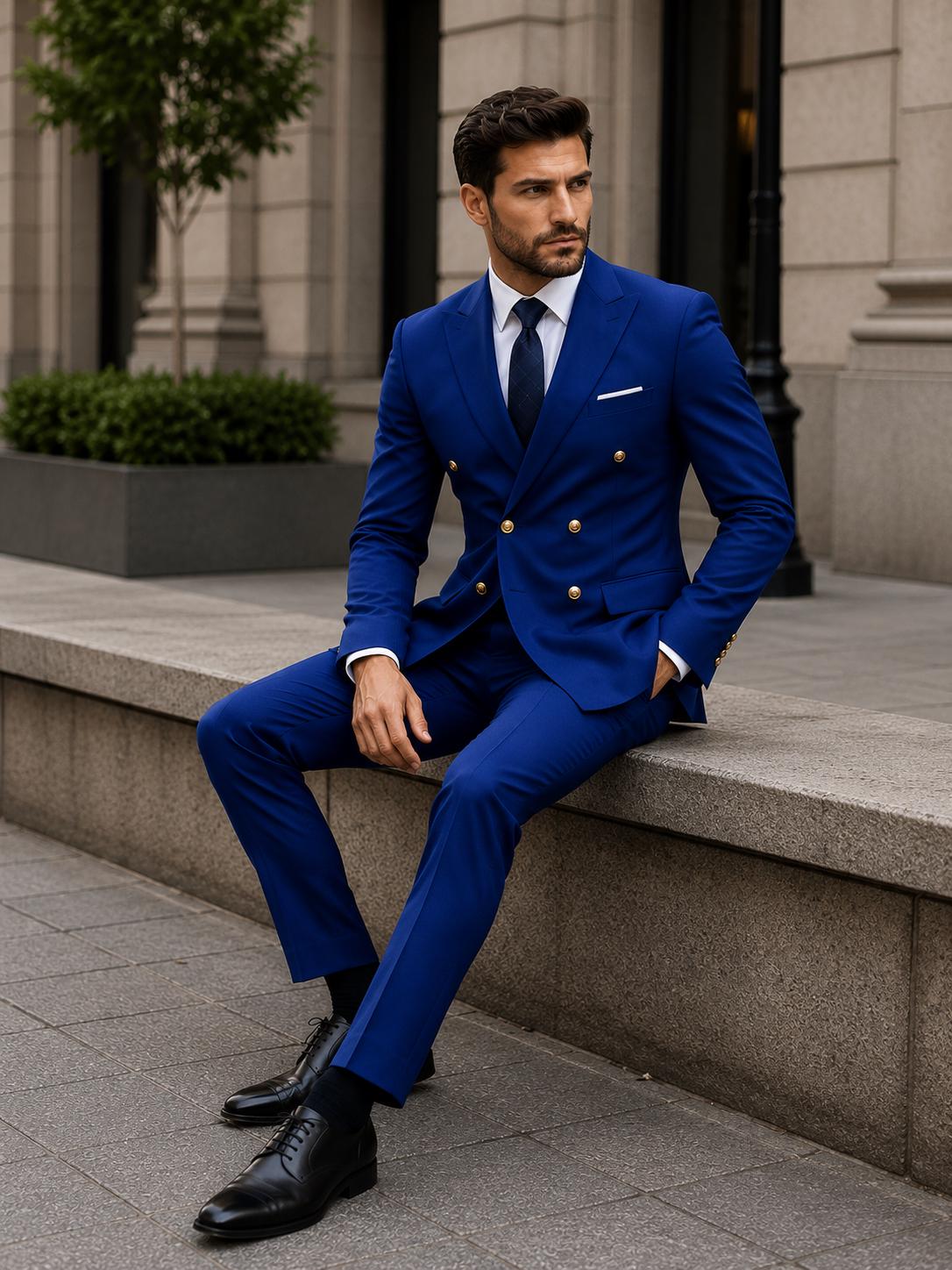 Royal Blue Two Piece Designer double breast suit for men partywear, wedding and Grooms