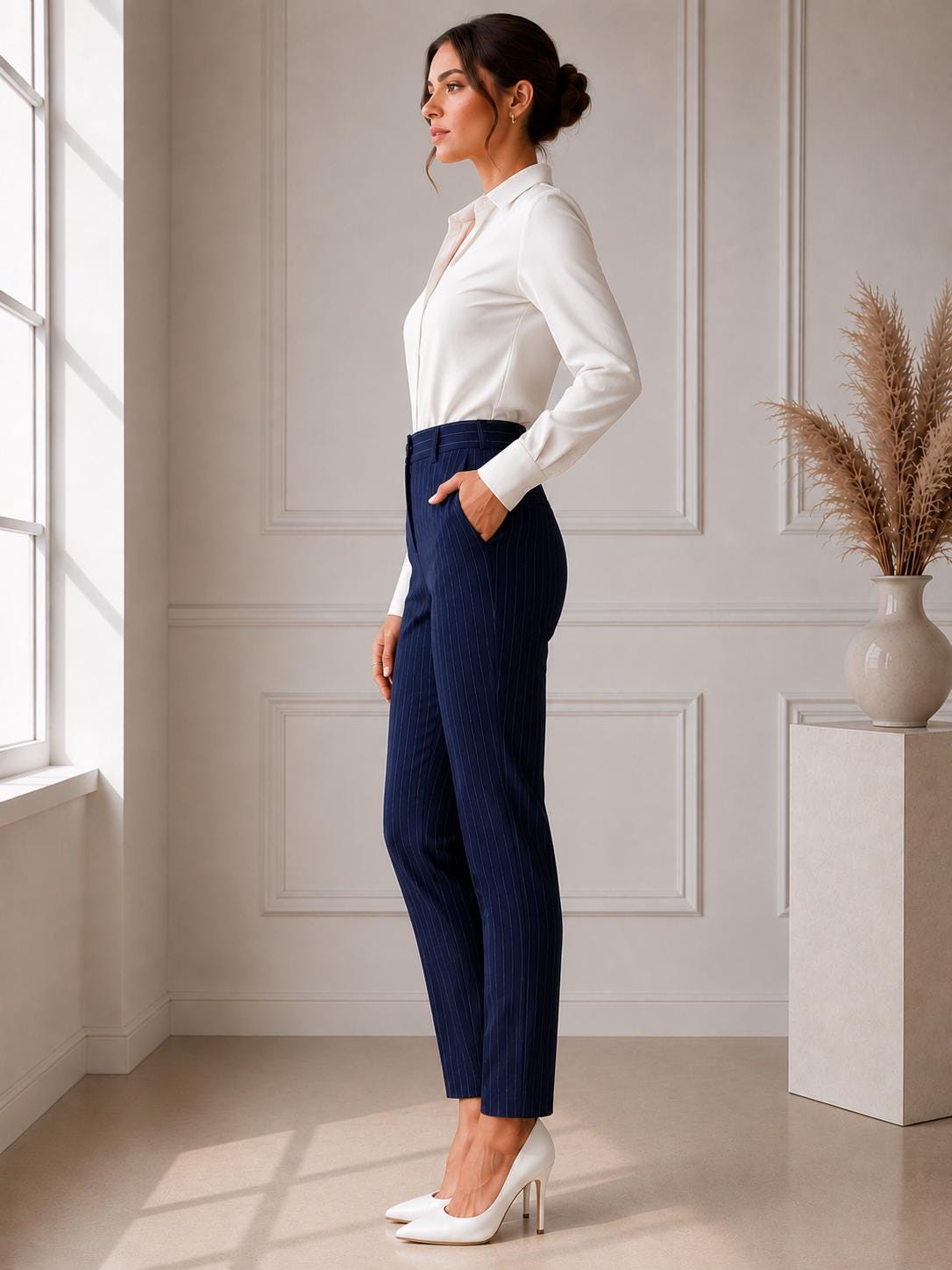 Navy Blue Pinstripe Tailored Trousers, High Waist Minimalist Office Wear