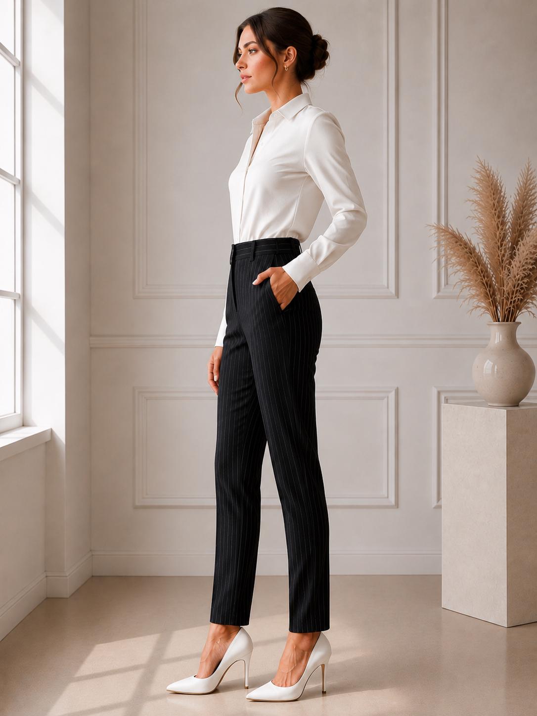 Black Stripe Women Tailored Trousers, High Waist Minimalist Office Wear, partywear
