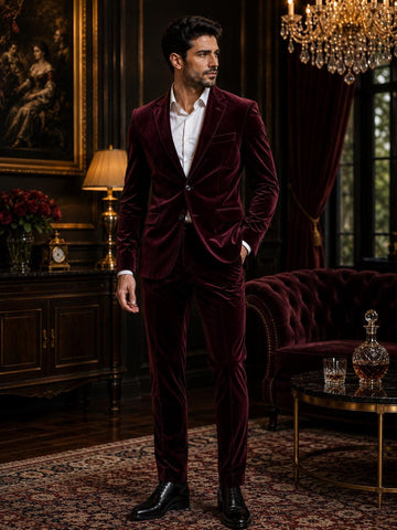 Burgundy Velvet Suit: Men's 2 Piece Tailored Wedding Blazer Pants Custom Made