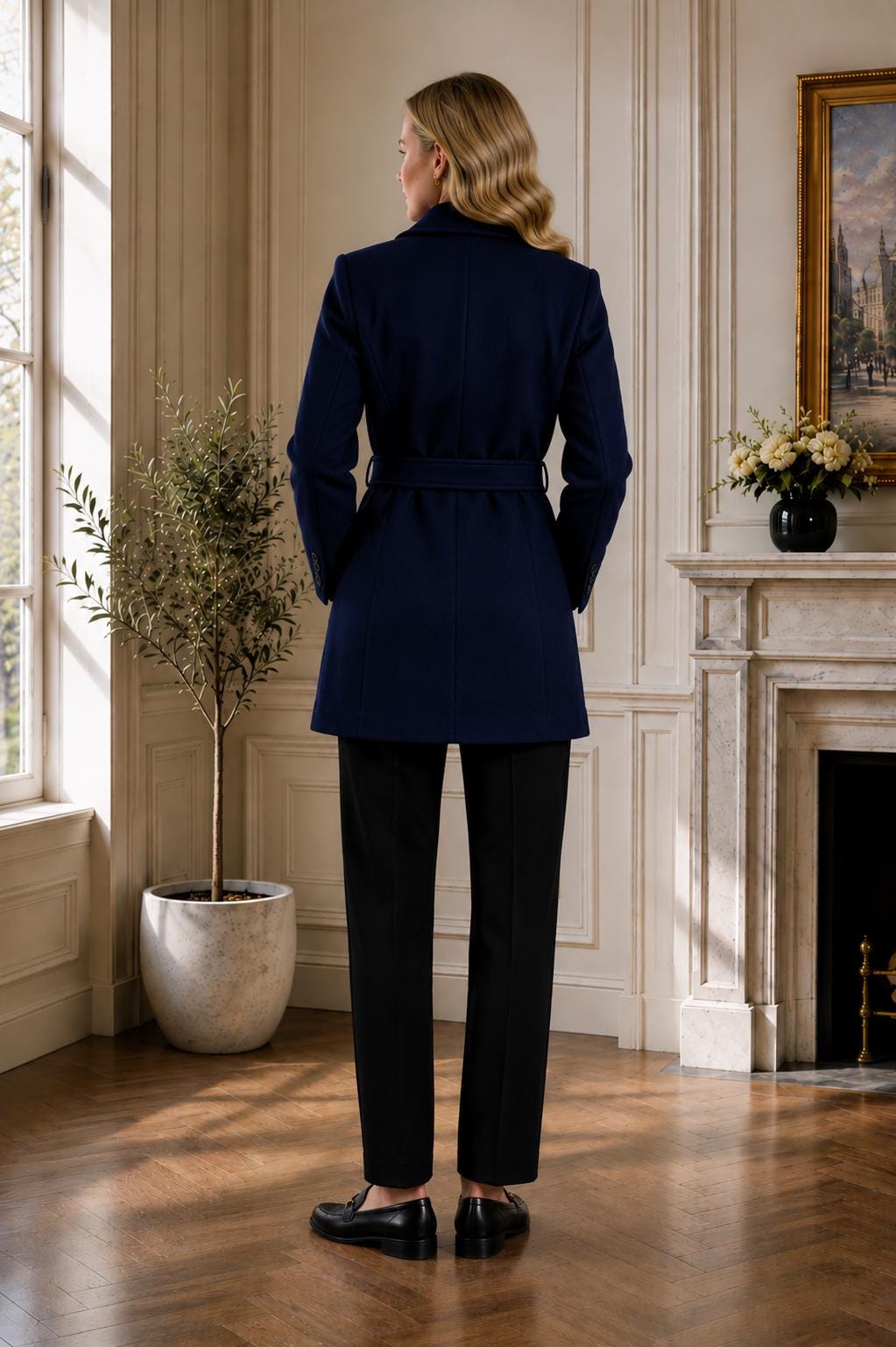 Navy Blue Women Wool Blend Coat, Double Breasted Belted Winter Coat, Handmade Tailored Pea Coat, Luxury Warm Outerwear