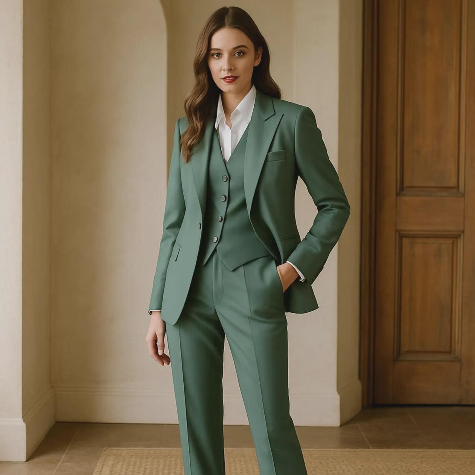 Sage Green 3-Piece Women Suit: Custom Tailored Blazer Vest and Pants