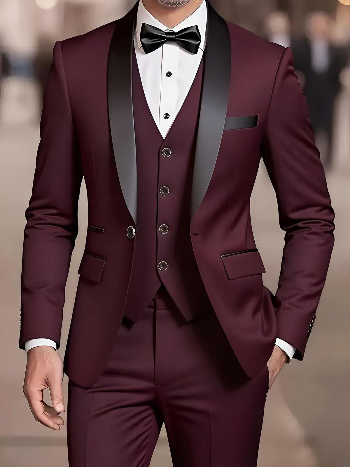 Burgundy 3pc Suit For Men Wedding, Grooms & Groomsman, Gift for him