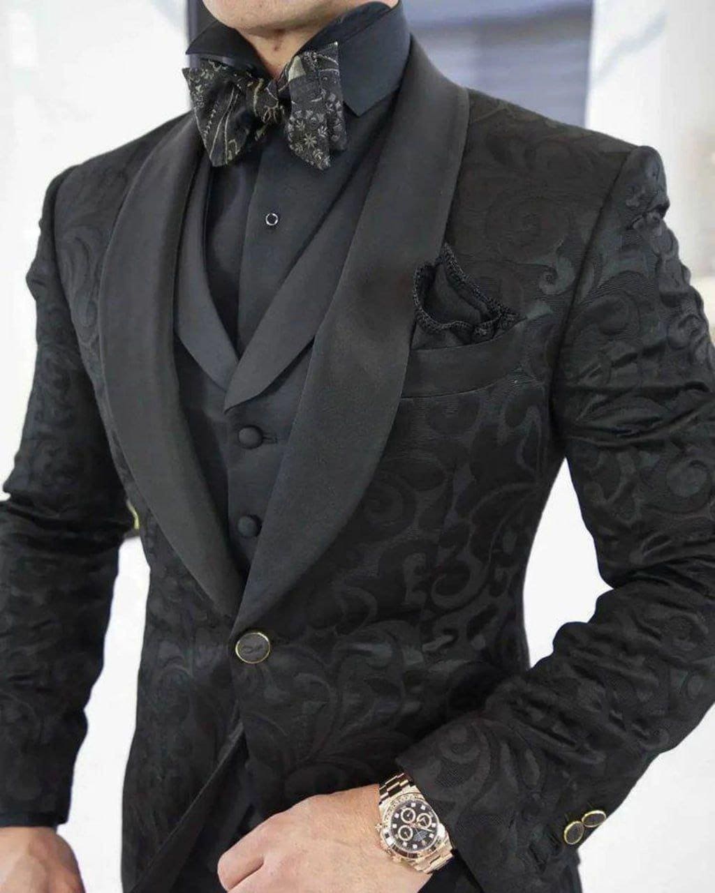 Classic Black Jacquard Three piece For Men Partywear, office wear, Wedding, Grooms & Groomsman