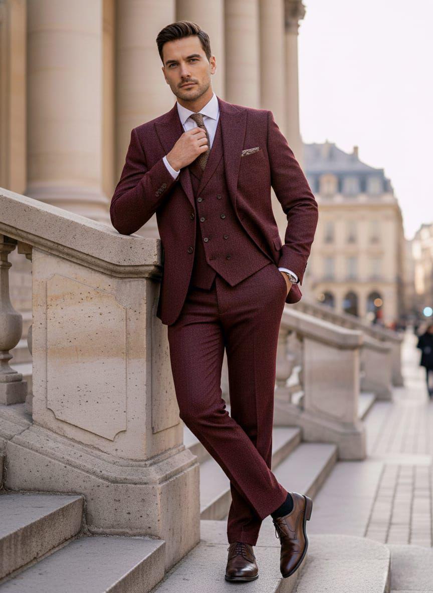 Men's Tweed Wool 3-Piece Suit, Wedding Groomsmen Suit