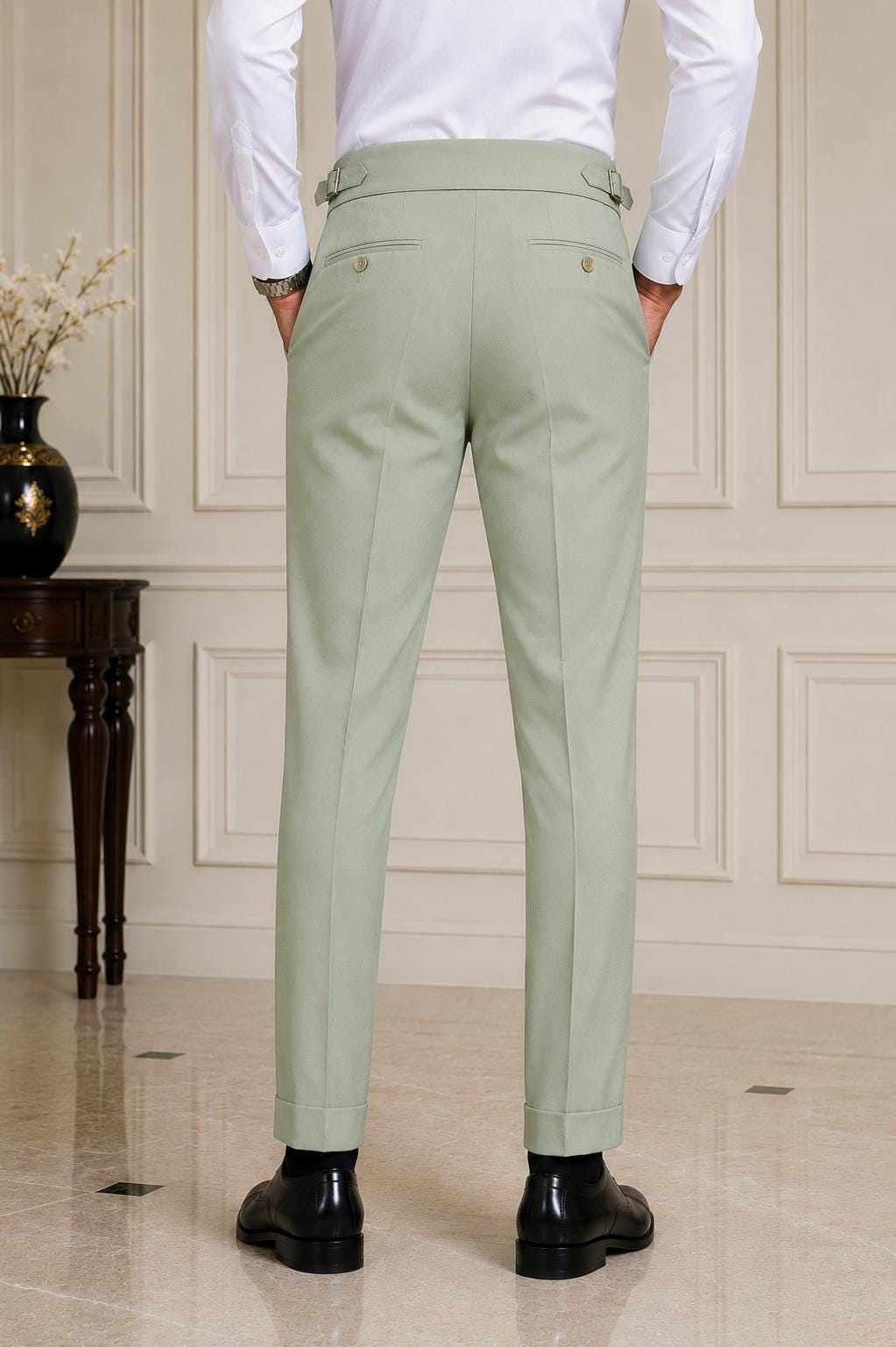 Sage Green Gorkha Trousers – Men's High Waist Custom Tailored Formal Pants