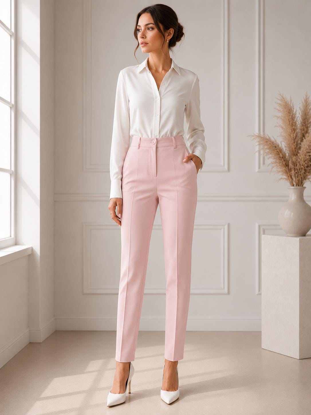 Bubble Pink Women Tailored Trousers, High Waist Minimalist Office Wear, partywear