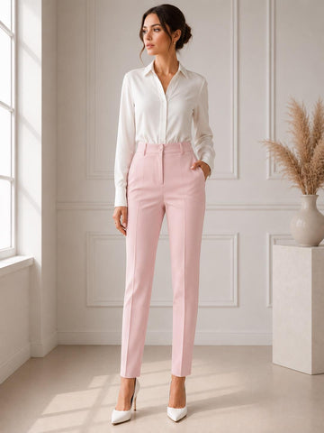 Bubble Pink Women Tailored Trousers, High Waist Minimalist Office Wear, partywear