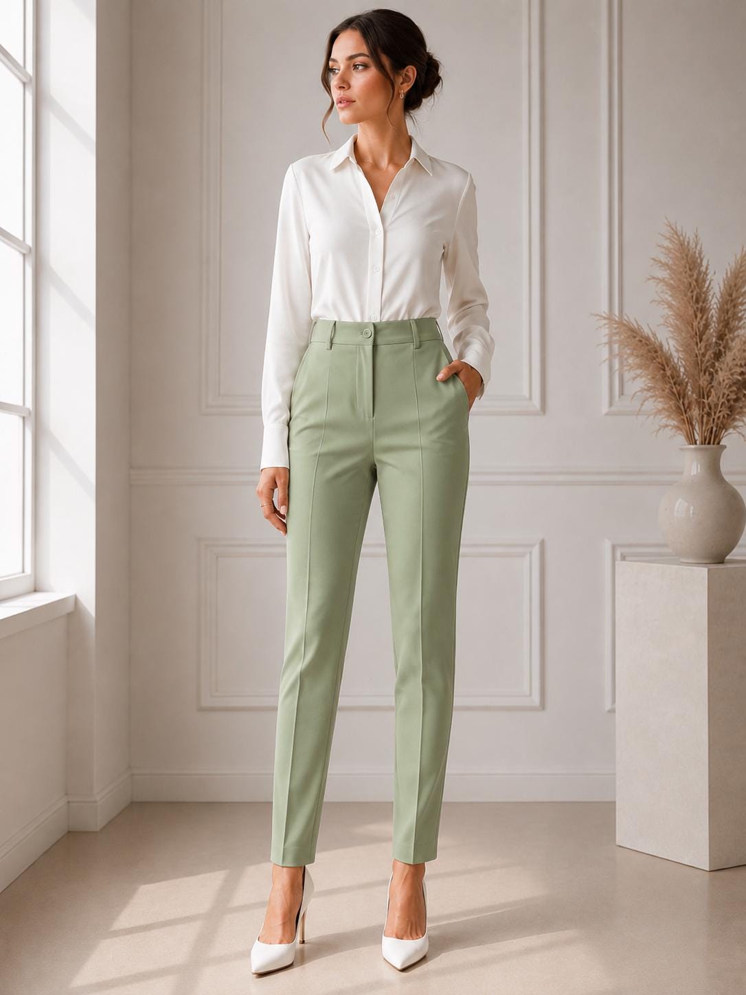Sage Green Women Tailored Trousers, High Waist Minimalist Office Wear, partywear
