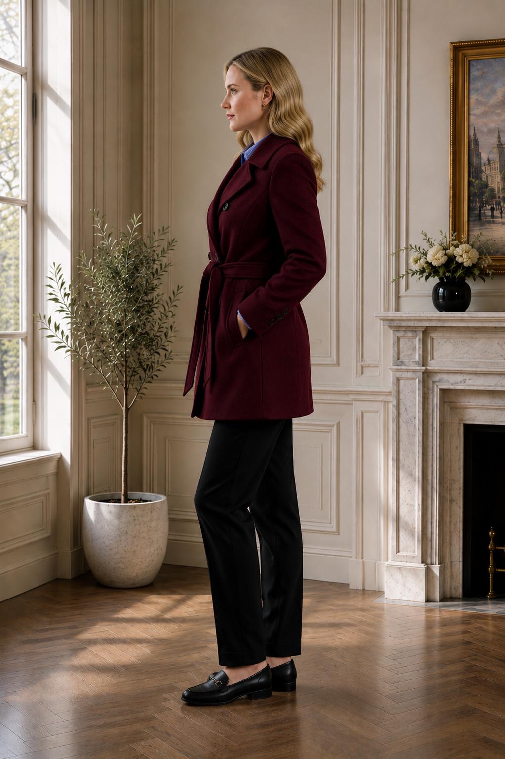 Burgundy Double Breasted Wool Blend Coat, Belted Winter Jacket, Tailored Overcoat