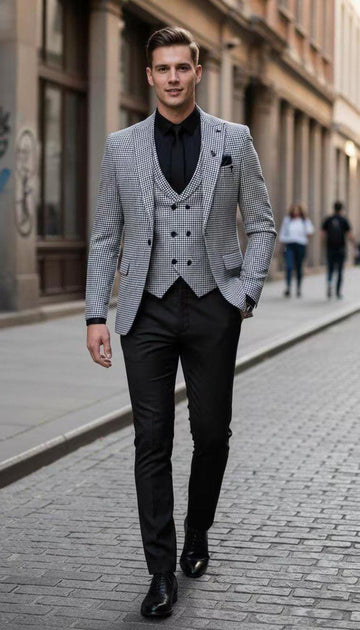 Classic Midnight Houndstooth Slim Fit Three Piece Suit For Men Partywear, Wedding, Grooms & Groomsman