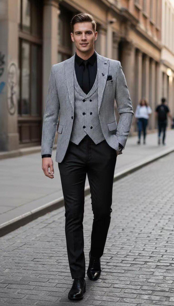 Classic Midnight Houndstooth Slim Fit Three Piece Suit For Men Partywear, Wedding, Grooms & Groomsman