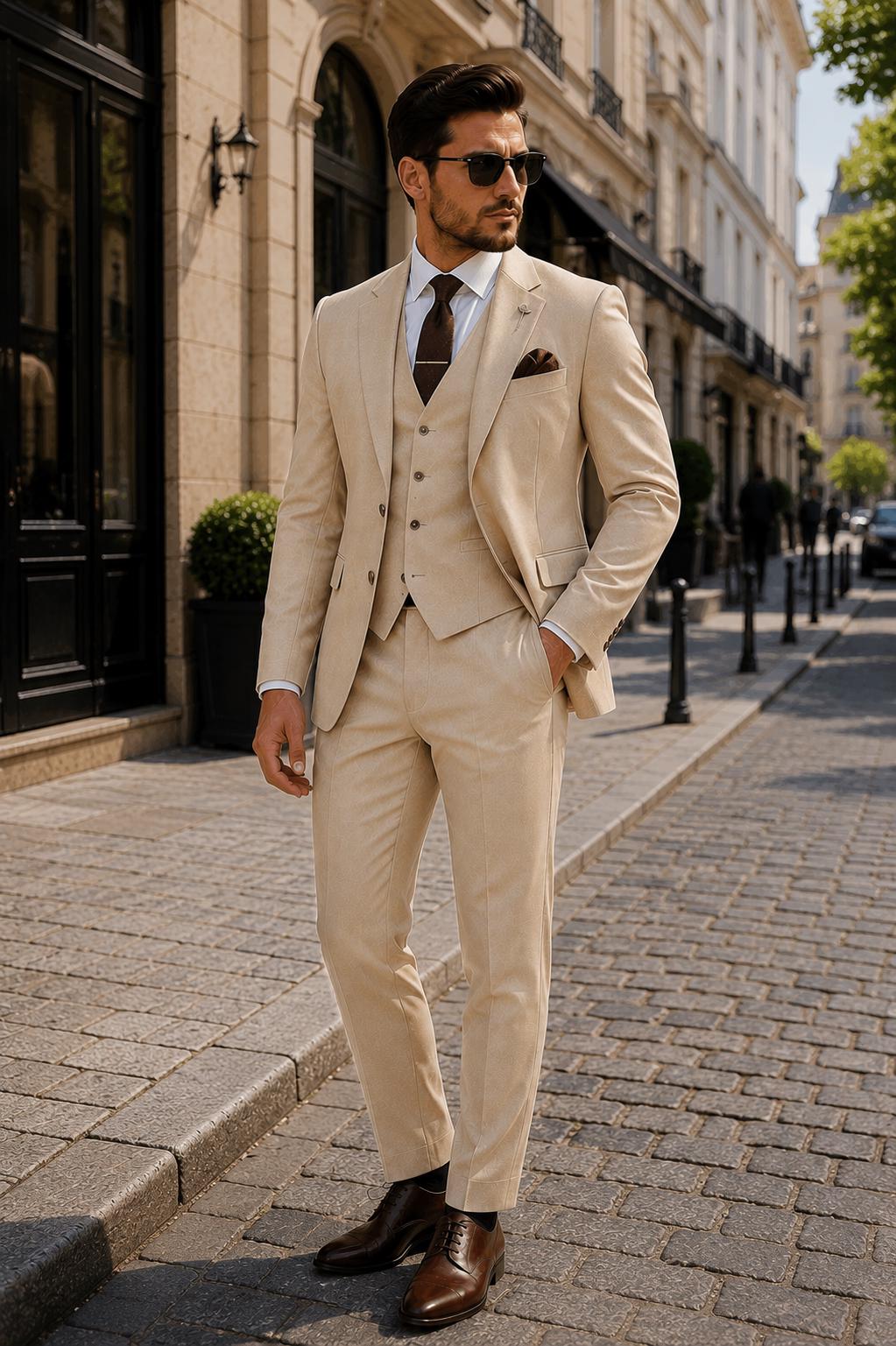 Sand Beige Men's 3-Piece Luxury Wedding Suit Custom Tailored Blazer Waistcoat Pants