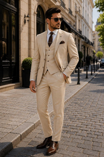 Sand Beige Men's 3-Piece Luxury Wedding Suit Custom Tailored Blazer Waistcoat Pants